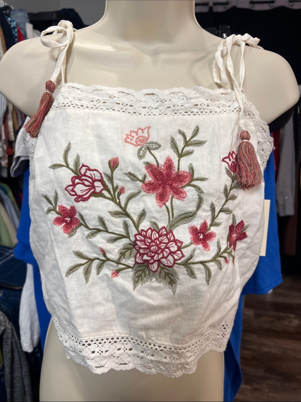 Universal Thread White Cropped Tie-Shoulder Top with Pink Floral Embroidery